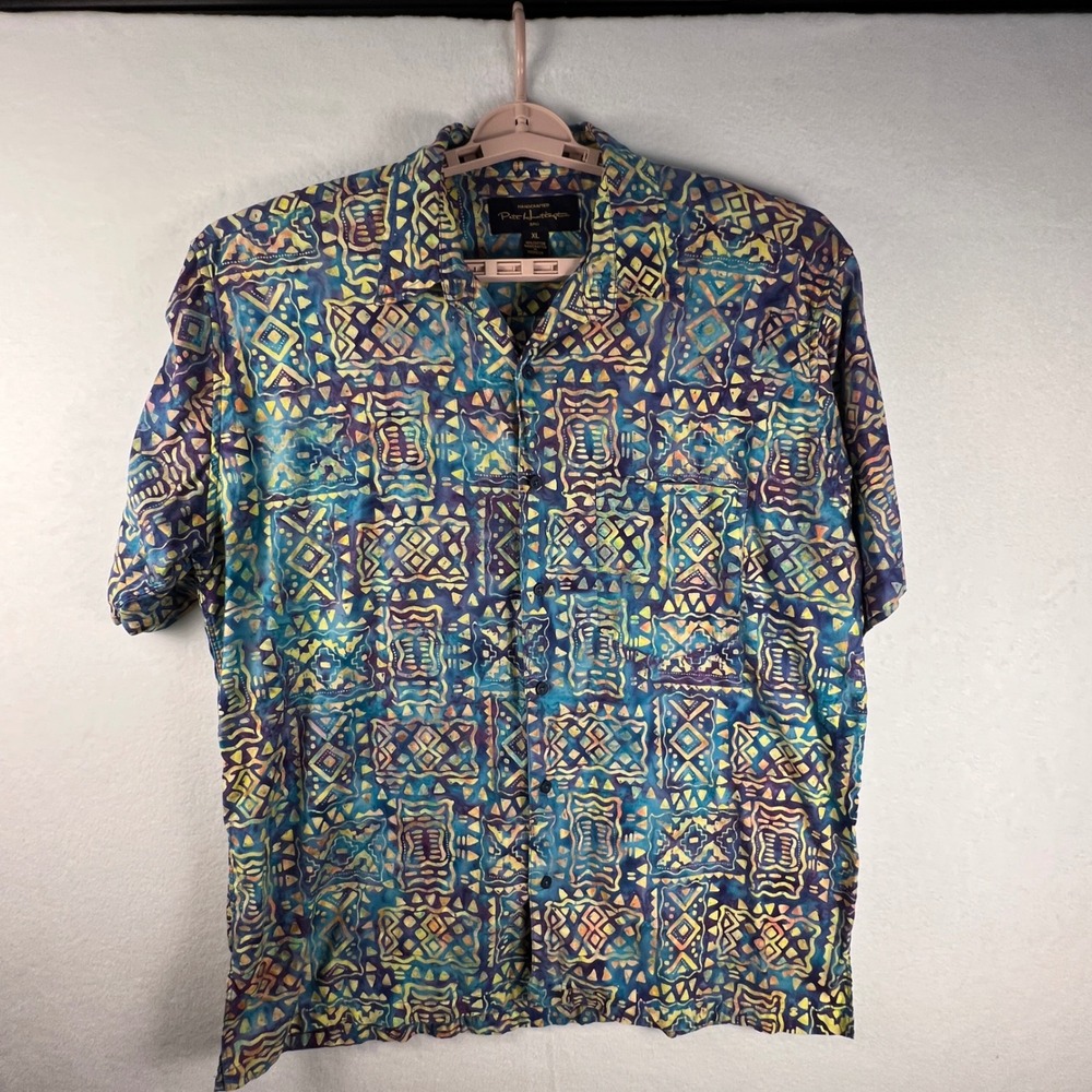 Pete Huntington Bali Mens XL Blue Tribal Batik Hawaiian Shirt Handcrafted Cotton